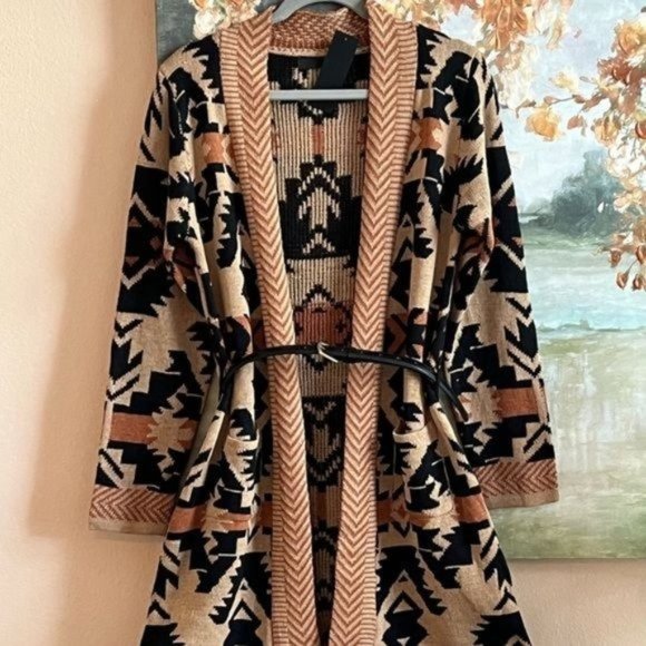 Western Print Long Cardigan Aztec Print Long Open Front Pocketed Sweater NEW - Picture 6 of 6